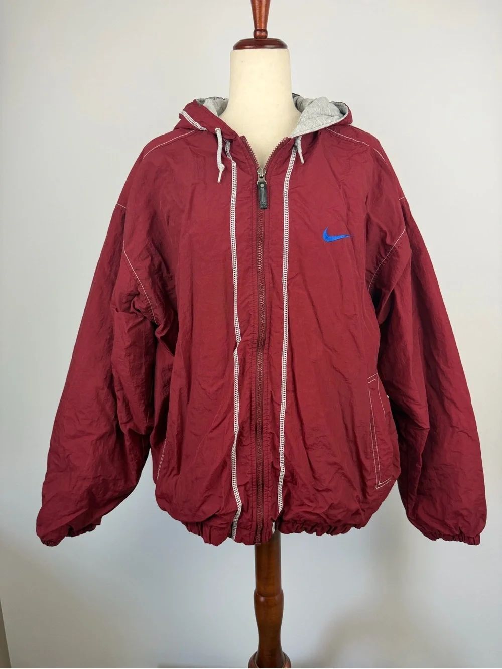 Nike Maroon Hooded Zip Jacket with Blue Nike Swoosh Size XL